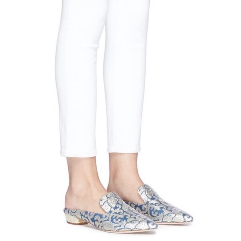 Light gold and blue brocade flat mules by Sam Edelman